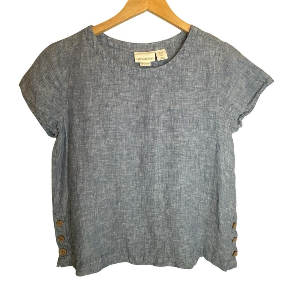 Cynthia Rowley Blue Linen Top Relaxed Fit Button Hem Short Sleeve Size Small